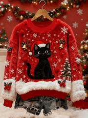 Women’s Vintage Christmas Black Cat Printed Flannel Sweatshirt Red / S