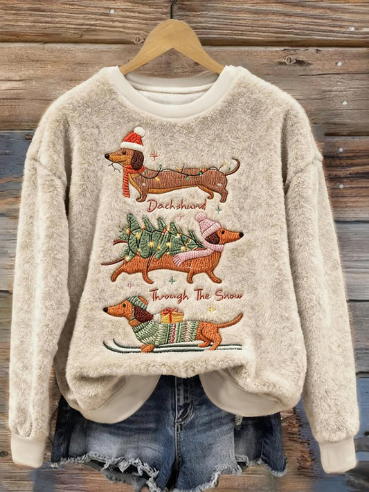 Women’s Cute Christmas Dachshund Pattern Flannel Hoodie As picture / S