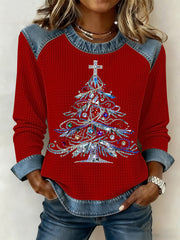 Women’s Christmas Print Waffle Sweatshirt Red / S