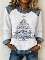 Women’s Christmas Print Waffle Sweatshirt White / S