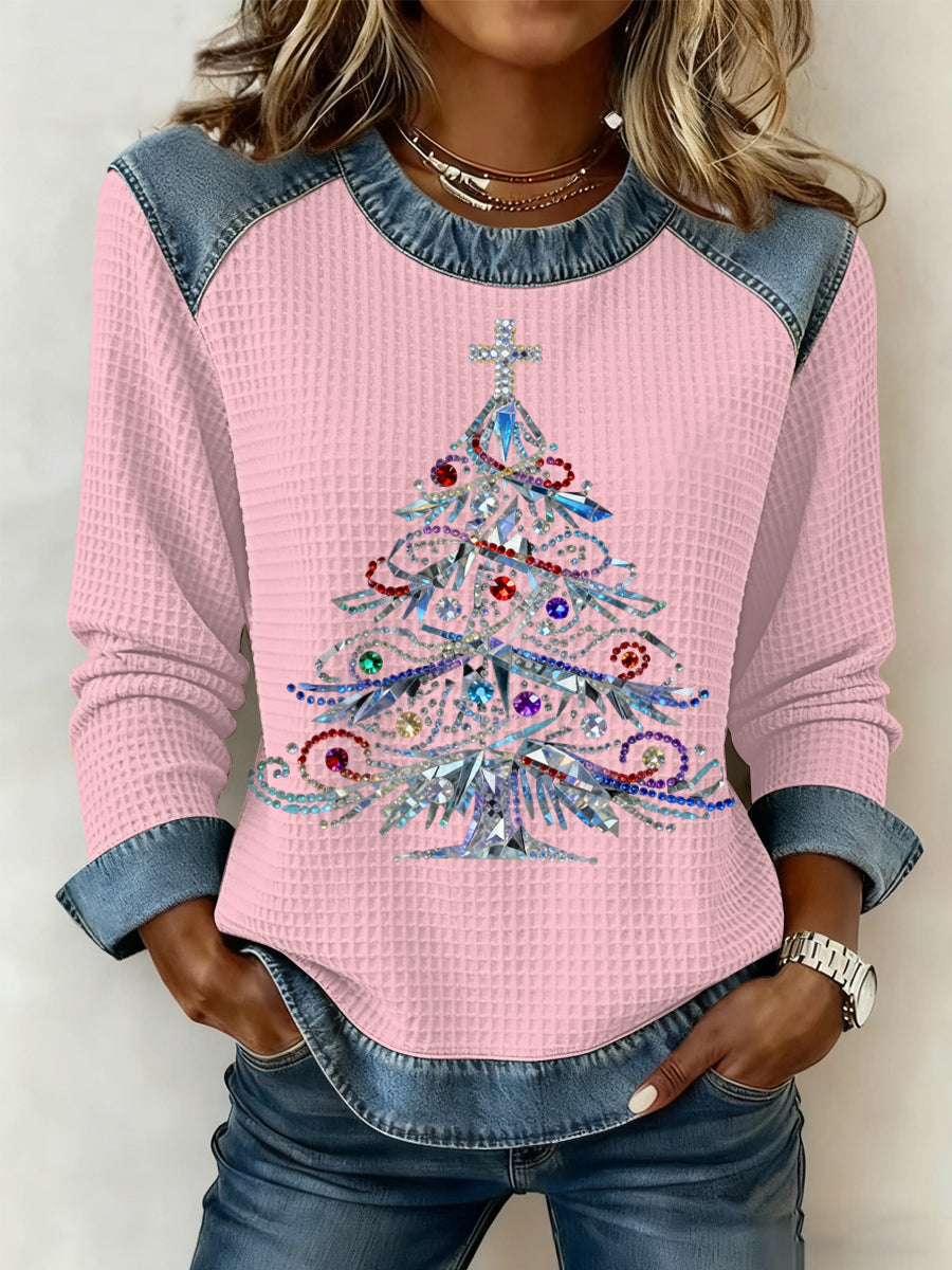 Women’s Christmas Print Waffle Sweatshirt Pink / S