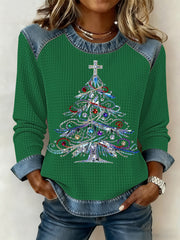 Women’s Christmas Print Waffle Sweatshirt Green / S