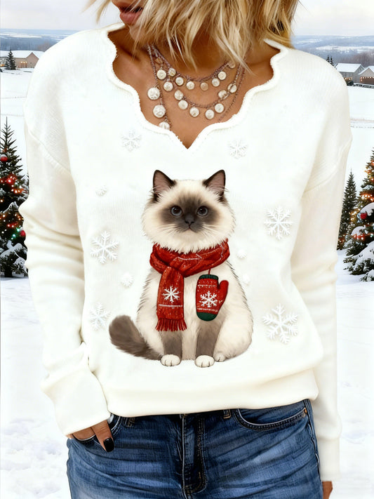 Women’s Christmas Cute Ragdoll Cat Print Cat Mom Gift Casual V-Neck Top Creamy-White / S
