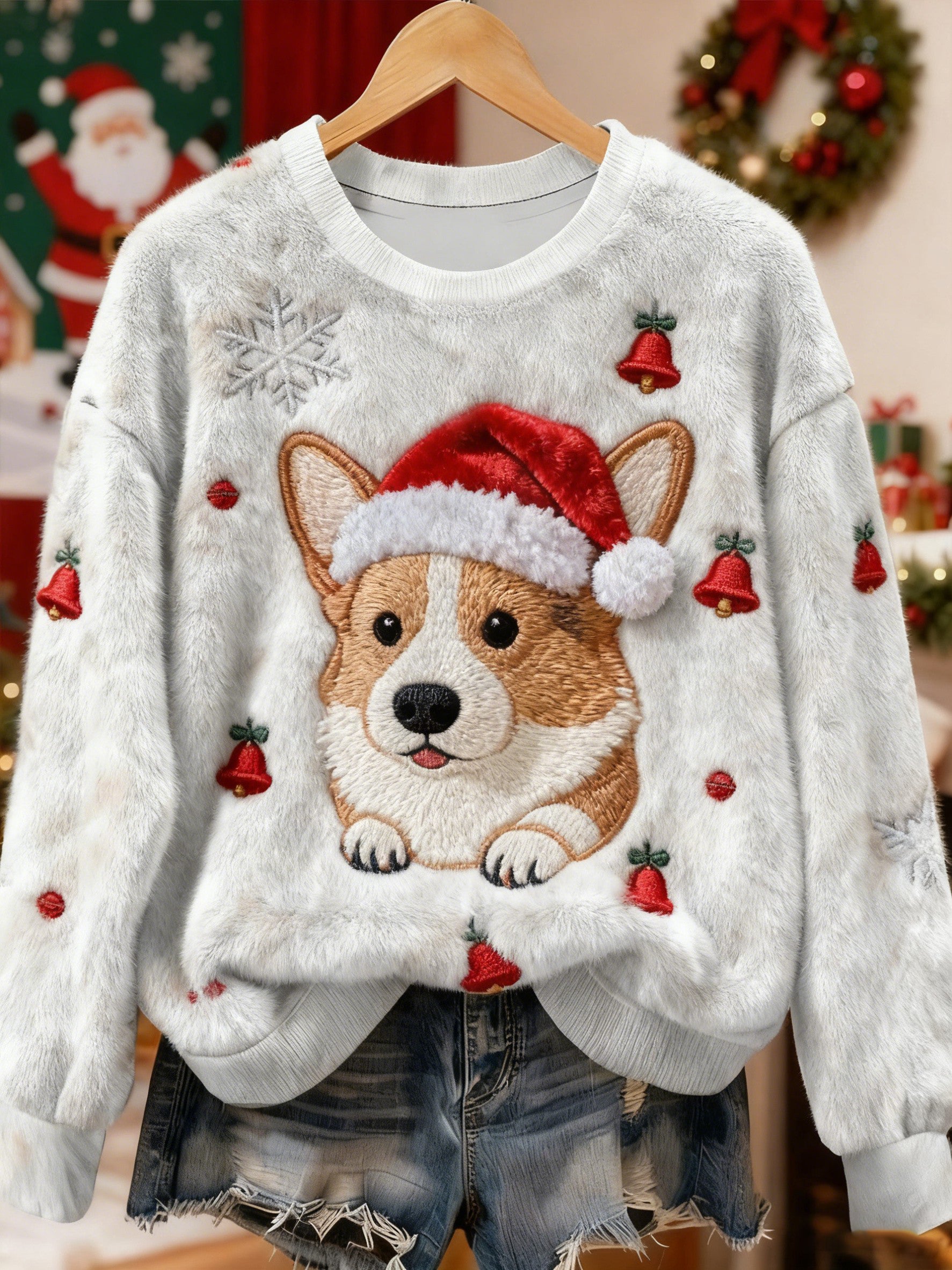 Women’s Vintage Christmas Dog Printed Flannel Sweatshirt As picture / S