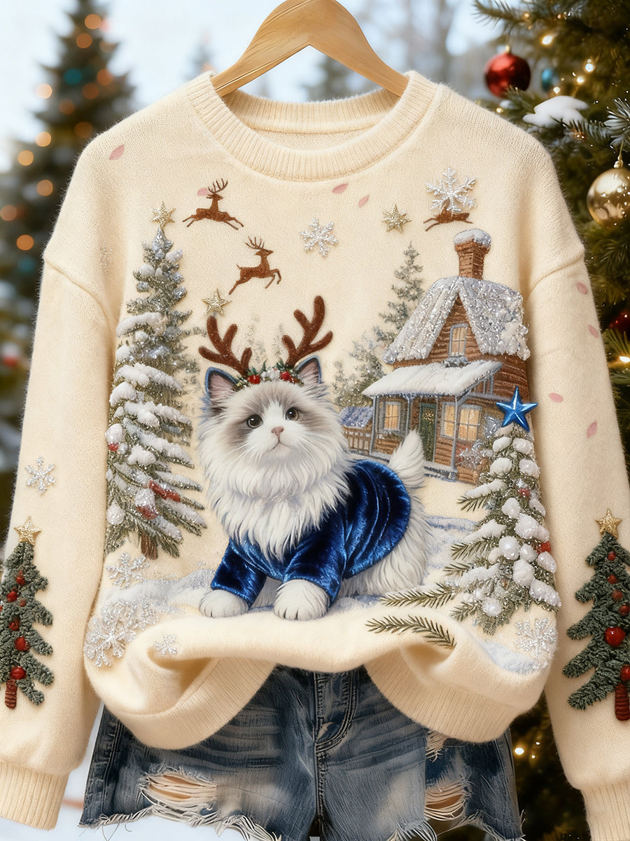 Women’s Retro Animal Christmas Art Print Casual Flannel Top A / S