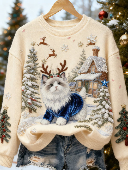 Women’s Retro Animal Christmas Art Print Casual Flannel Top A / S