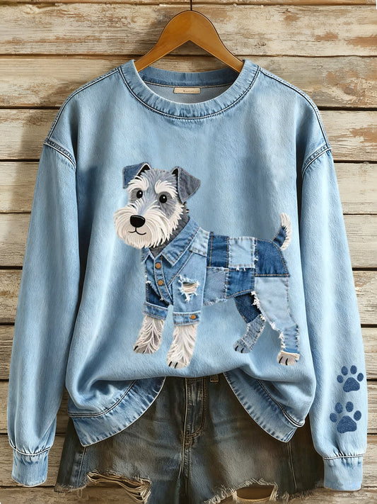 Women’s Denim Patchwork Art Schnauzer Dog Pattern Sweatshirt Blue / S