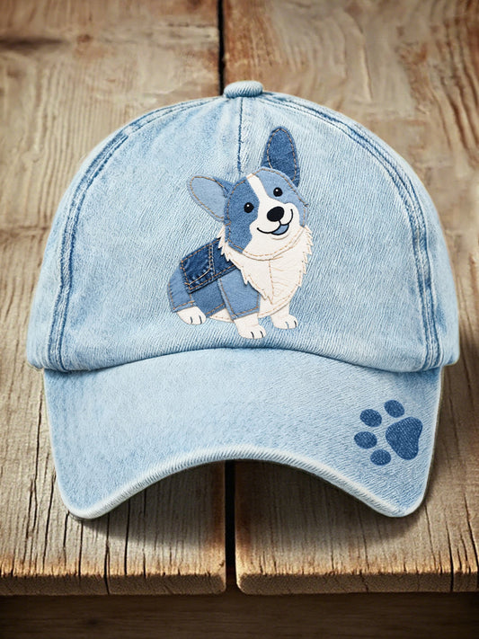 Unisex Denim Patchwork Art Corgi Dog Pattern Washed Hat Light Blue / ONE