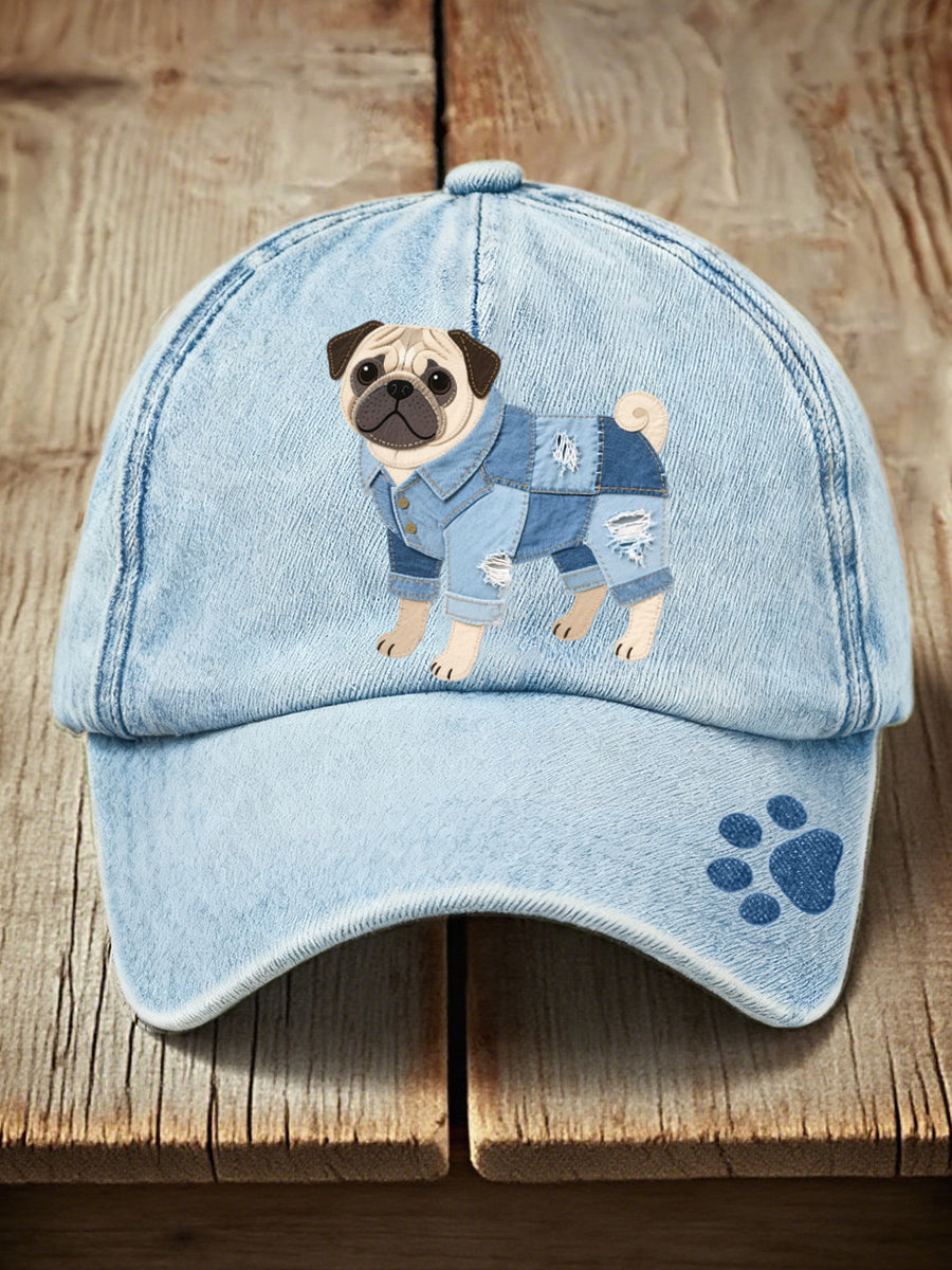 Unisex Denim Patchwork Art Pug Pattern Washed Hat Light Blue / ONE