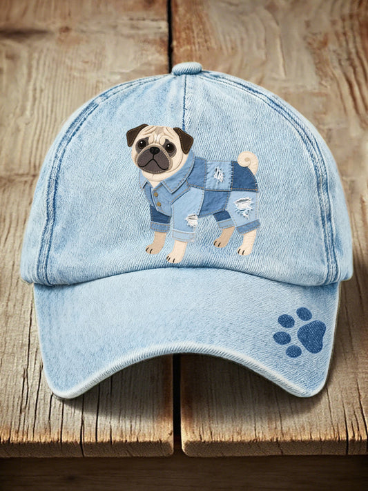 Unisex Denim Patchwork Art Pug Pattern Washed Hat Light Blue / ONE