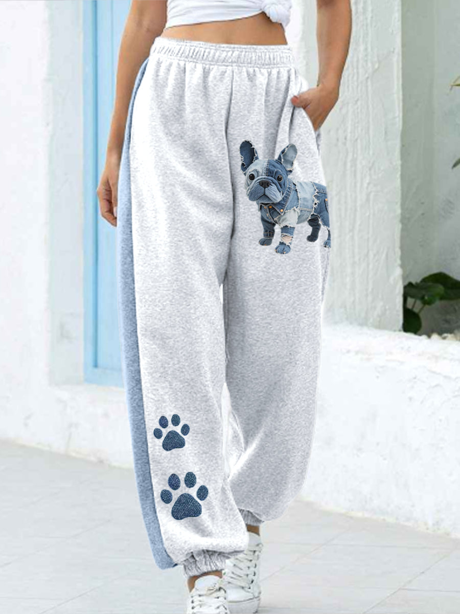Women’s Denim Patchwork Art French Bulldog Pattern Pants As picture / S