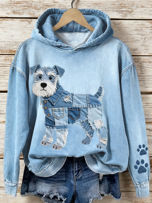Women’s Denim Patchwork Art Schnauzer Dog Pattern Hoodie Blue / S