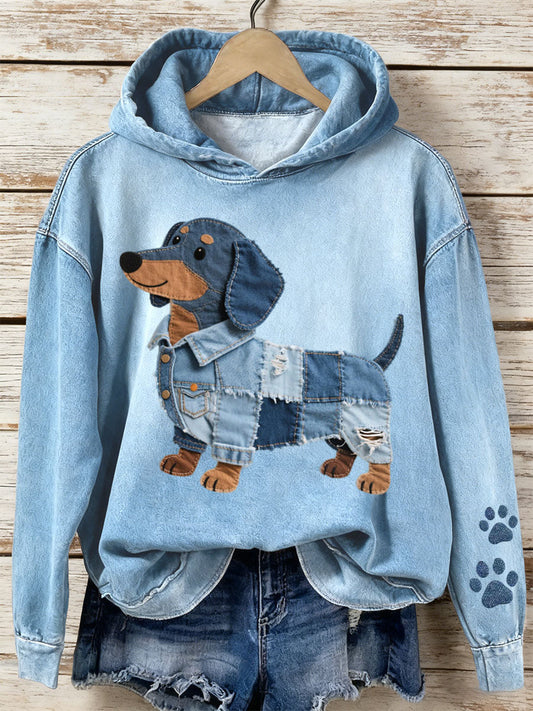 Women’s Denim Patchwork Art Dachshund Pattern Hoodie Blue / S