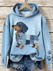 Women’s Denim Patchwork Art Dachshund Pattern Hoodie Blue / S