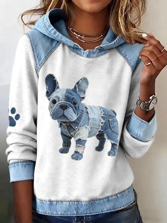 Women’s French Bulldog Pattern Denim Patchwork Art Hoodie White / S