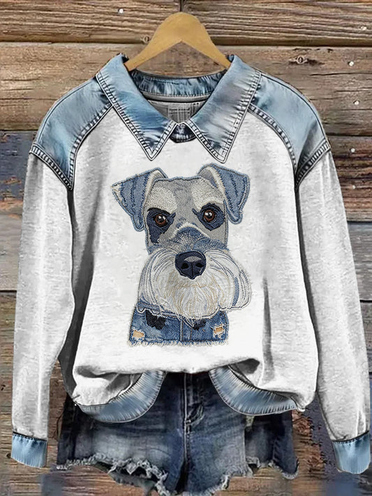 Women’s Cowboy Collage Animal Printed Denim Patchwork Lapel Long Sleeved Sweatshirt Light Gray / S