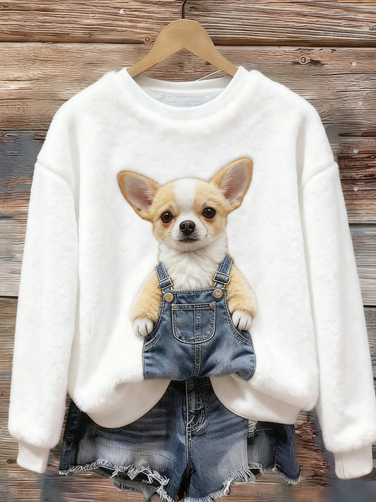 Women’s Cute Dog Flannel Hoodie White / S