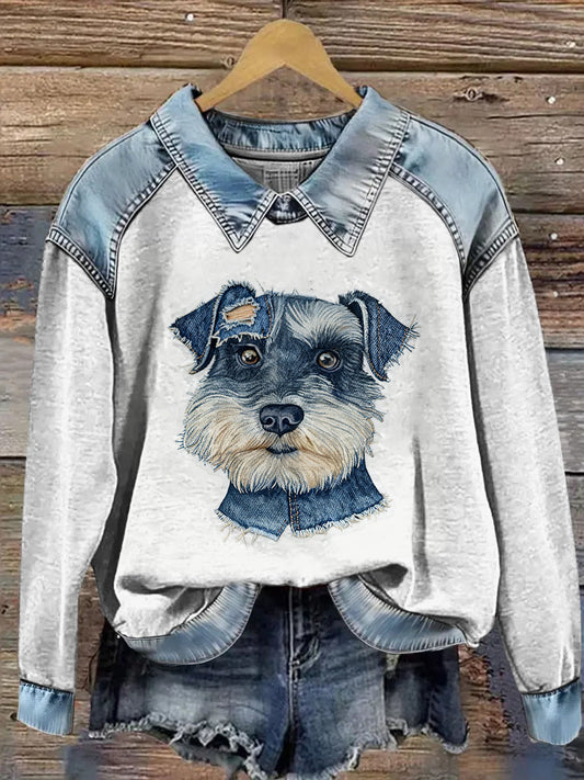 Women’s Animal Printed Denim Patchwork Lapel Long Sleeved Sweatshirt Light Gray / S