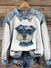Women’s Animal Printed Denim Patchwork Lapel Long Sleeved Sweatshirt Light Gray / S