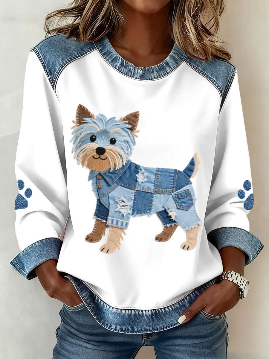 Women’s Lovely Yorkshire Terrier Dog Pattern Denim Patchwork Sweatshirt White / S