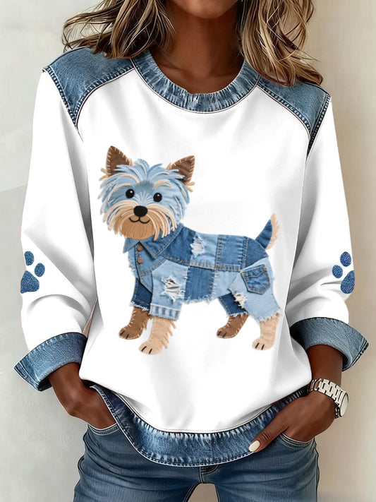 Women’s Lovely Yorkshire Terrier Dog Pattern Denim Patchwork Sweatshirt White / S