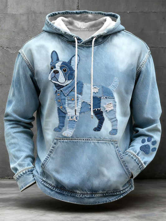 Men’s Denim Patchwork Art French Bulldog Pattern Hoodie Blue / S
