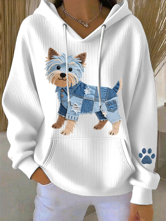 Women’s Lovely Yorkshire Terrier Dog Denim Patchwork Pattern Hoodie White / S