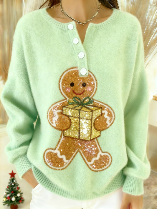 Vintage Christmas Sequin Gingerbread Man Print Comfortable Flannel Sweatshirt Green / S