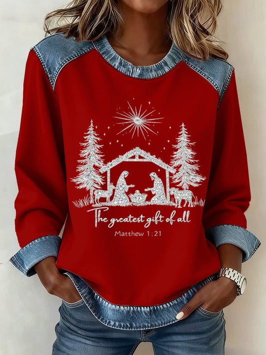 Women’s Christmas Pattern Patchwork Art Sweatshirt Red / S