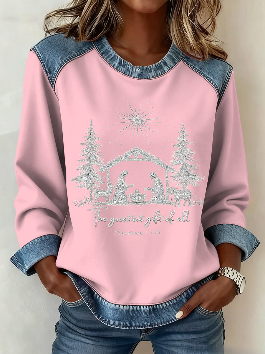 Women’s Christmas Pattern Patchwork Art Sweatshirt Pink / S