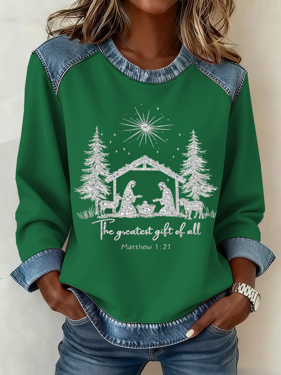 Women’s Christmas Pattern Patchwork Art Sweatshirt Green / S