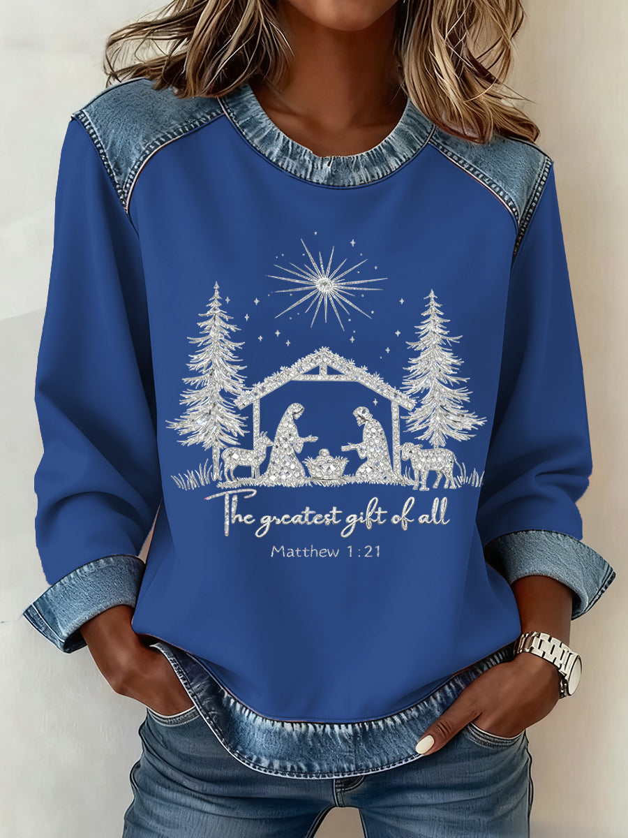 Women’s Christmas Pattern Patchwork Art Sweatshirt Blue / S