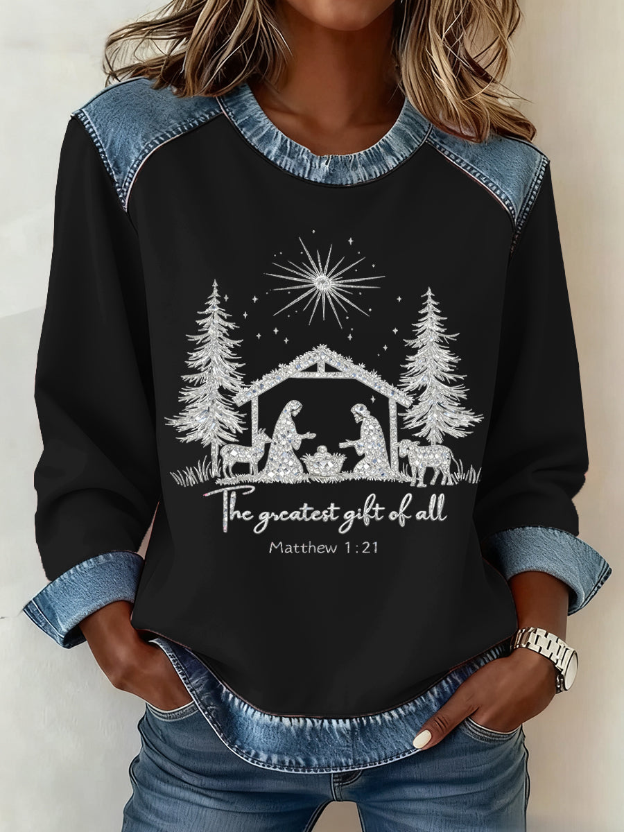 Women’s Christmas Pattern Patchwork Art Sweatshirt Black / S