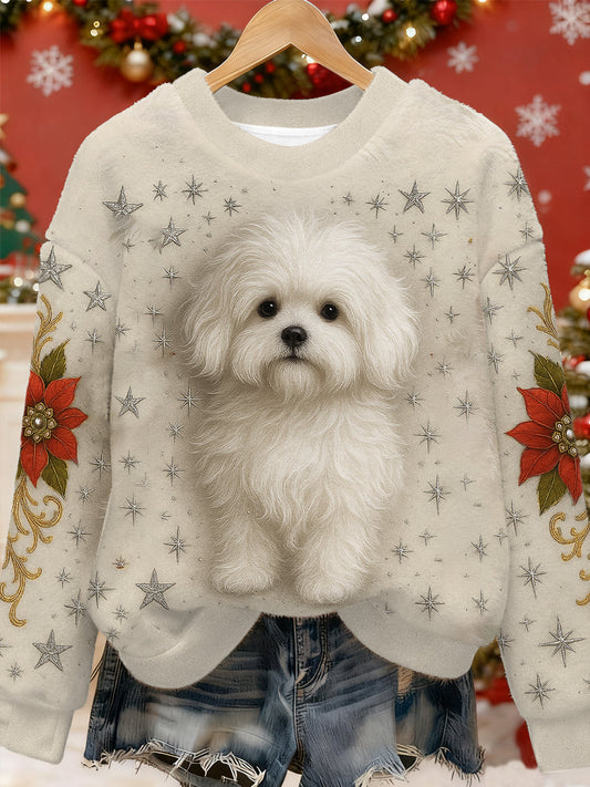 Women’s Cute Dog Art Flannel Hoodie Beige / S