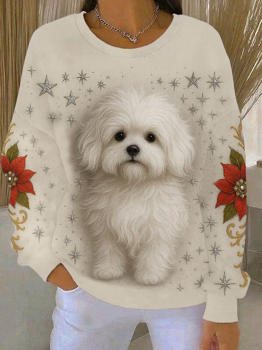 Women’s Cute Dog Art Ribbed Round-Neck Sweatshirt Beige / S
