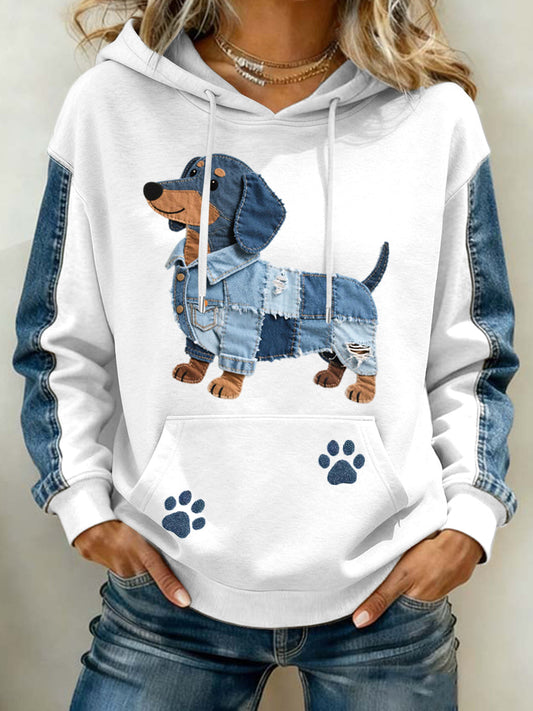 Women’s Lovely Dachshund Pattern Denim Patchwork Art Hoodie White / S