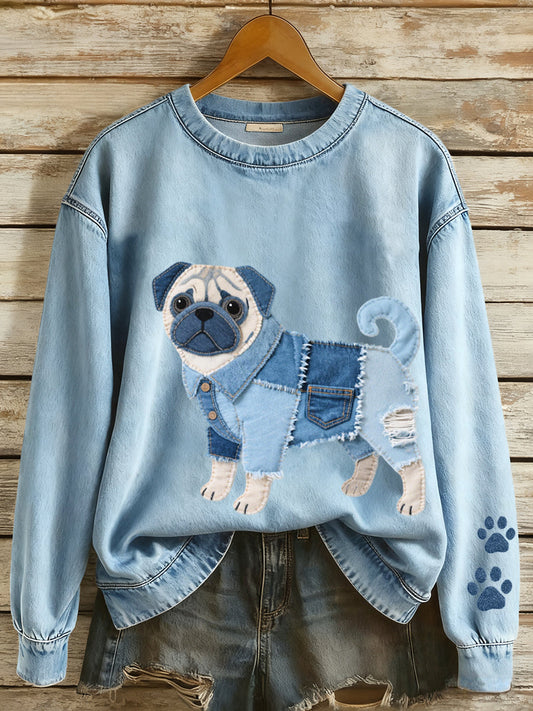 Women’s Denim Patchwork Art Pug Dog Pattern Sweatshirt Blue / S