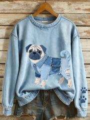 Women’s Denim Patchwork Art Pug Dog Pattern Sweatshirt Blue / S