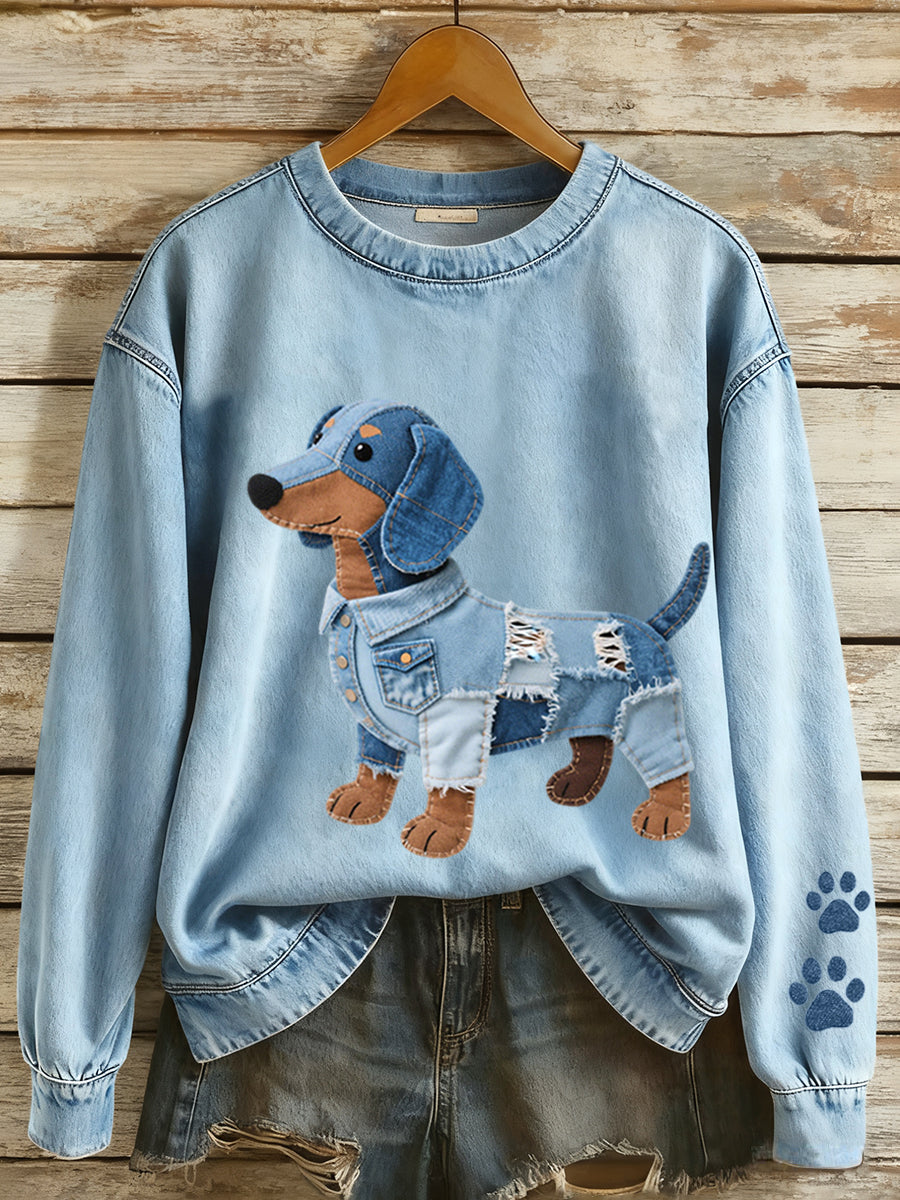 Women’s Denim Patchwork Art Dachshund Pattern Sweatshirt Blue / S