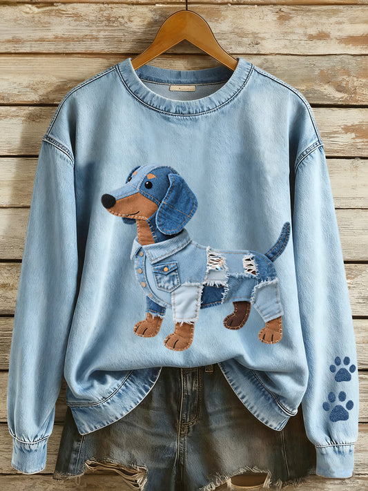 Women’s Denim Patchwork Art Dachshund Pattern Sweatshirt Blue / S
