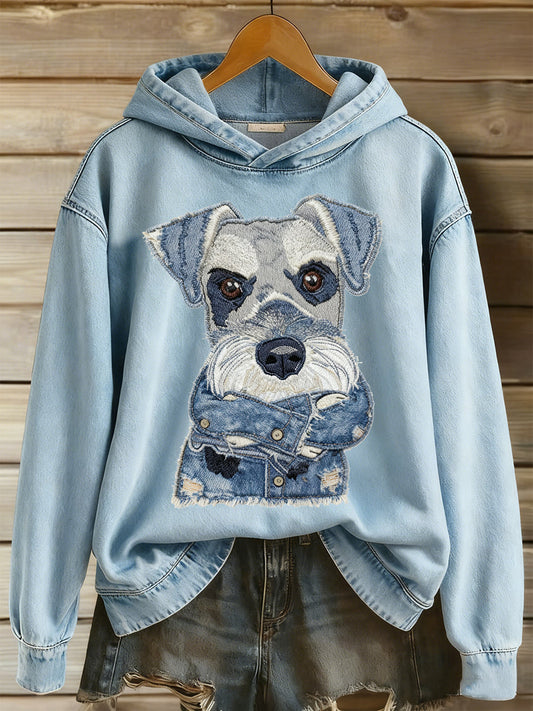 Women’s Denim Animal Printed Round Neck Long Sleeved Hoodie Light Blue / S