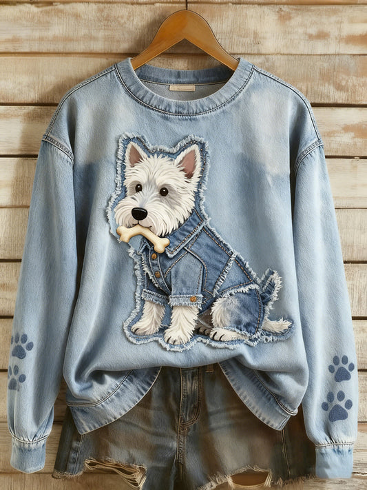 Women’s Retro Denim Patchwork Animal Art Print Casual Comfort Long-Sleeve Sweatshirt A / S