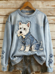 Women’s Retro Denim Patchwork Animal Art Print Casual Comfort Long-Sleeve Sweatshirt A / S