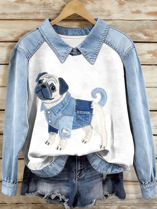 Women’s Denim Patchwork Pug Dog Pattern Sweatshirt As picture / S