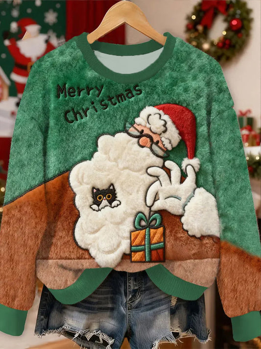 Women’s Funny Santa Claus And Cute Cat Flannel Hoodie As picture / S