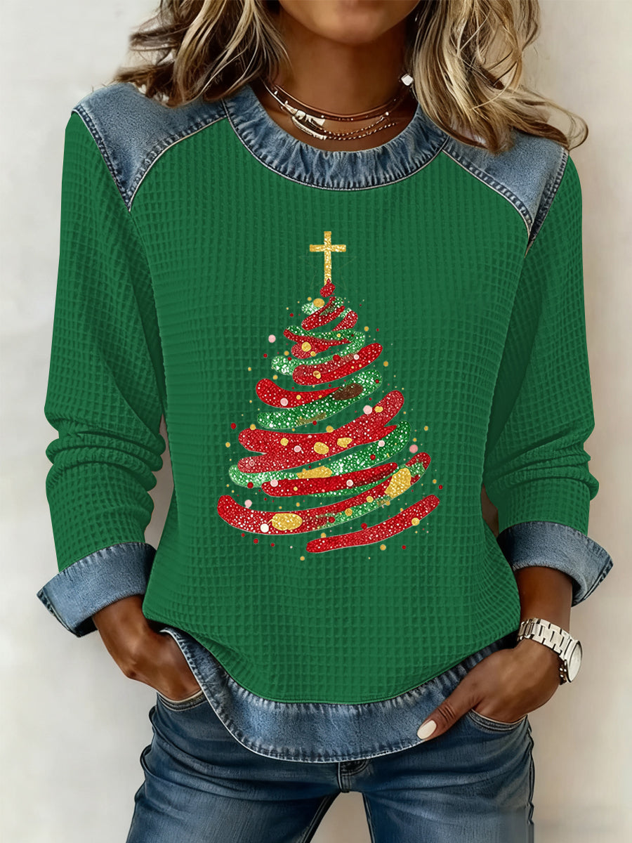Women’s Christmas Belief Print Waffle Sweatshirt Green / S