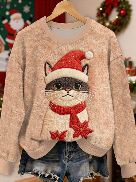 Gorgeous Christmas Cat Print Casual Long Sleeved Sweatshirt As picture / S
