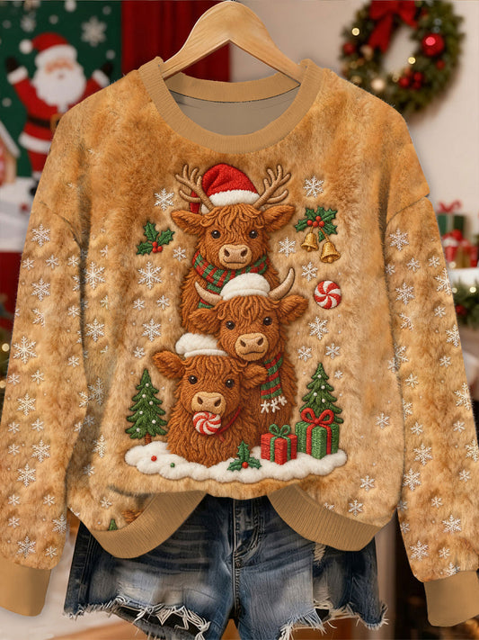 Gorgeous Christmas Ox Print Casual Long Sleeved Sweatshirt As picture / S