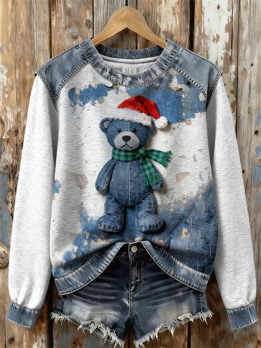 Women’s Retro Christmas Denim Bear Print Sweatshirt As picture / S