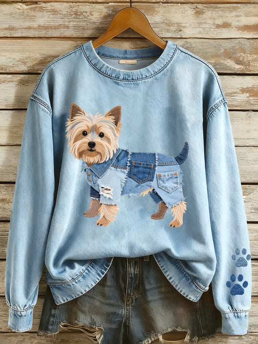 Women’s Denim Patchwork Yorkshire Terrier Dog Pattern Sweatshirt Blue / S